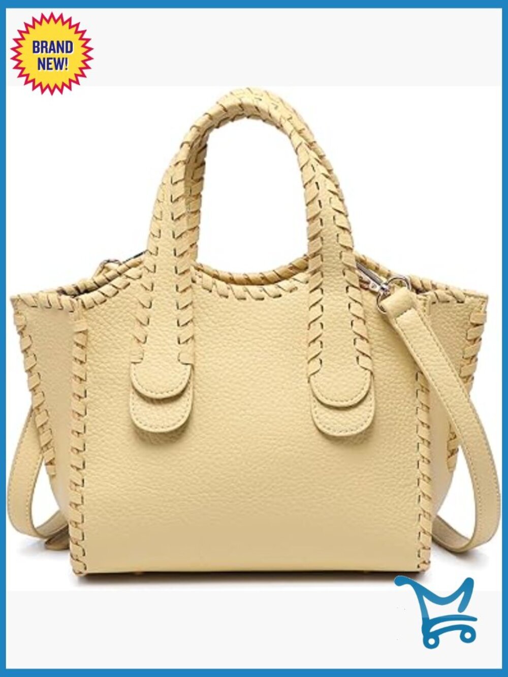 Vegan Leather Satchel Bag with Whipstitch Detailing, Adjustable Crossbody Strap
